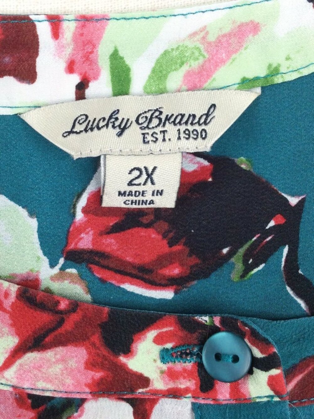 Lucky Brand 100% Silk Floral Tunic Tank Top Women's Plus Size 2X Teal High Neck - Picture 7 of 8